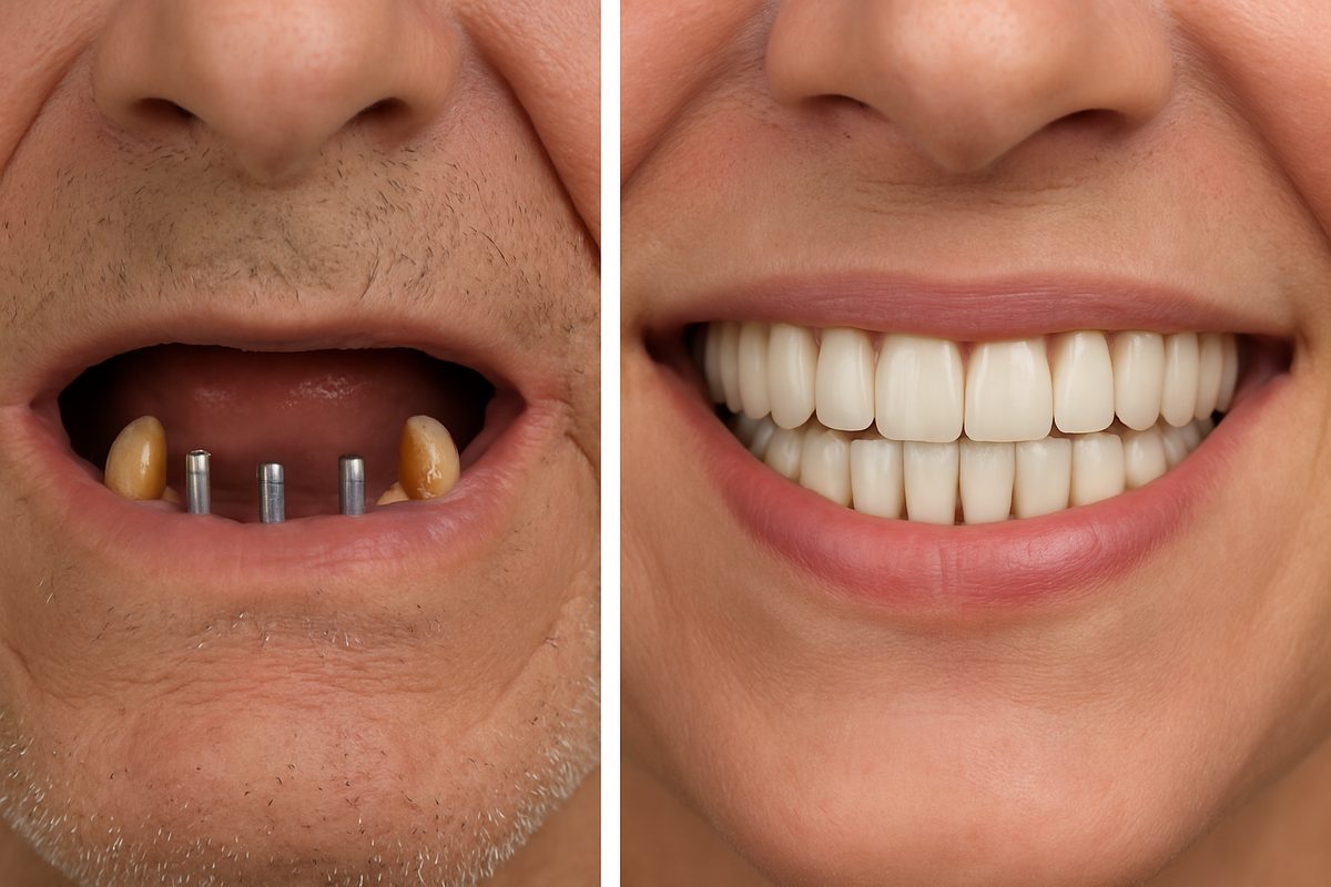 Image depicting a before-and-after transformation of a patient's smile, showcasing the transition from missing or damaged teeth to a full set of dental implants; the image shows the lower jaw with four implants and a full set of teeth, emphasizing the natural appearance and functionality. No text on image.