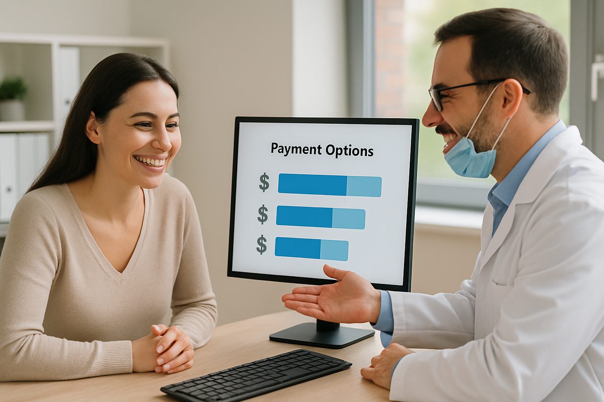 Image of a smiling woman looking at a computer screen with her dentist, reviewing payment options for dental implants. No text on image.