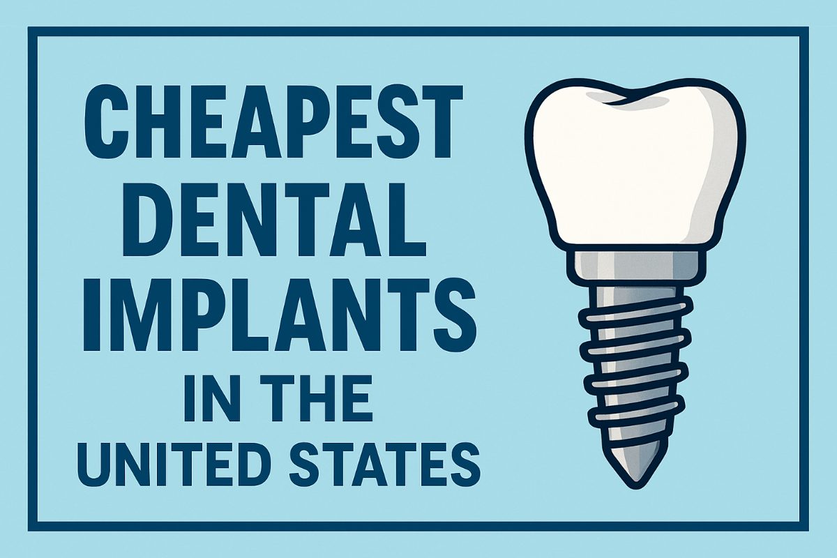 Photo depicting a set of affordable dental implants with a price tag on them, but the implants are visibly worn and damaged. Text on image: "Too Good to be True?"