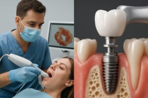 A split image of a dental implant placement process: On the left, a dentist is using digital scanning technology on a patient's mouth. On the right, a close-up of a dental implant being inserted into the jawbone. No text on the image.