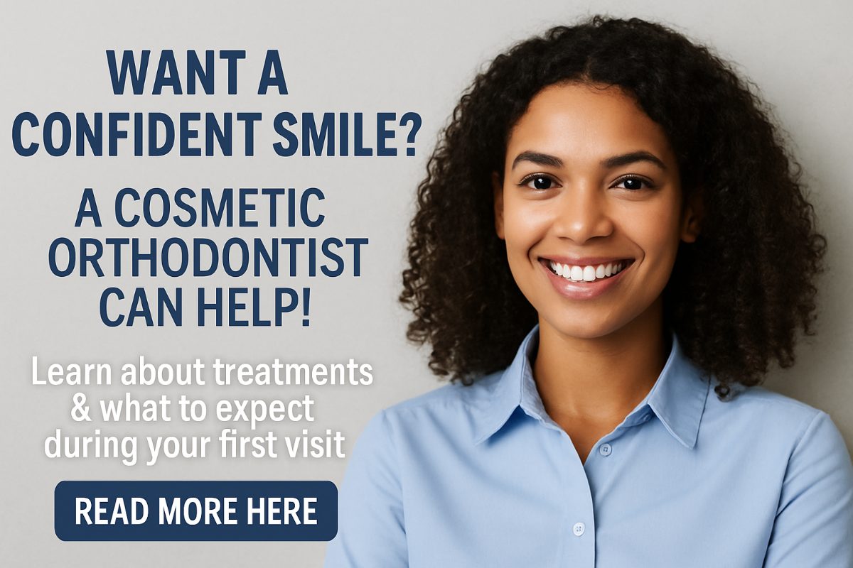 A smiling woman in a dental chair is consulting with a friendly, male cosmetic orthodontist about clear aligner options. The orthodontist is holding a digital scan of the woman's teeth. No text on the image.