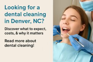 Image of a smiling dental hygienist in Denver, NC, cleaning a patient's teeth with modern equipment. No text on the image.