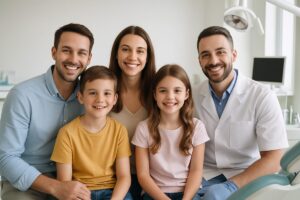 A smiling family of four is in a modern dentist office for a checkup. No text on image.