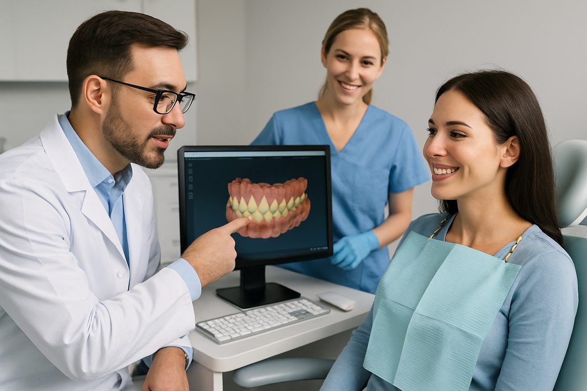 A modern dental office setting with a friendly dentist, hygienist, and happy patient. The dentist is pointing to a 3D scan on a computer screen while explaining treatment options. No text on the image.