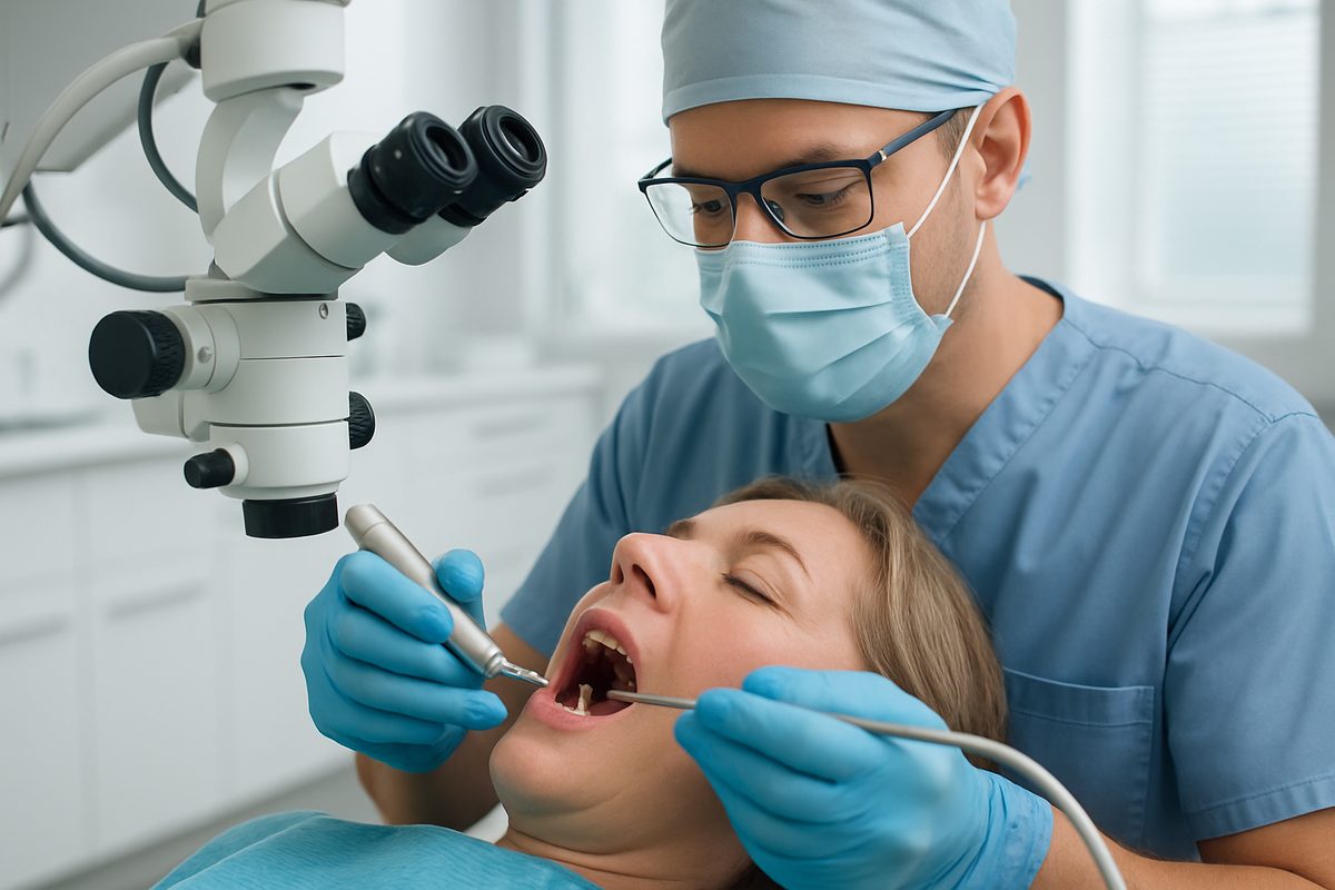 A dentist is placing dental implants into a patient's mouth, showcasing the precision and care involved in the procedure. The image should highlight modern dental technology and a serene clinical setting. No text on image.