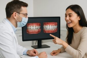 A dentist is consulting with a patient about teeth plastic surgery options, using a digital scan of the patient's teeth to show projected outcomes. The patient is smiling and pointing at the screen, showing excitement. No text on image.