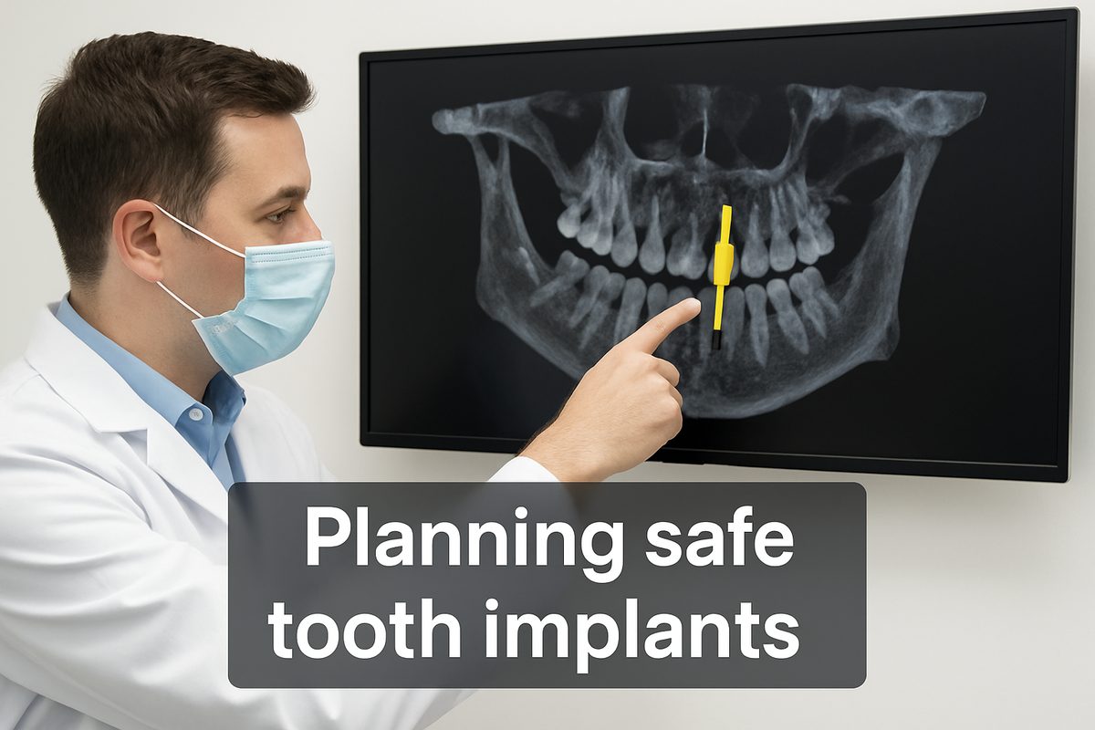 A dentist is pointing to a 3D scan of a patient's jawbone, highlighting the planned location of a dental implant. The text on the image reads "Planning safe tooth implants."