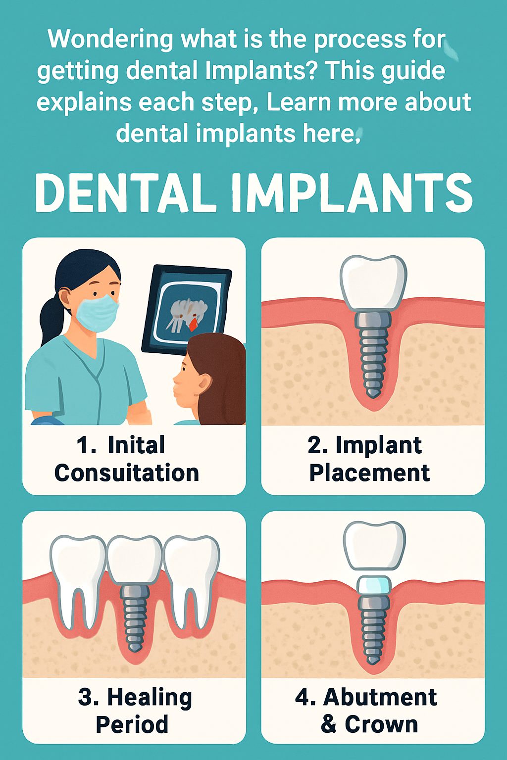A dentist is consulting with a patient, pointing to a digital scan of the patient's mouth highlighting the location of a future dental implant. No text on the image.