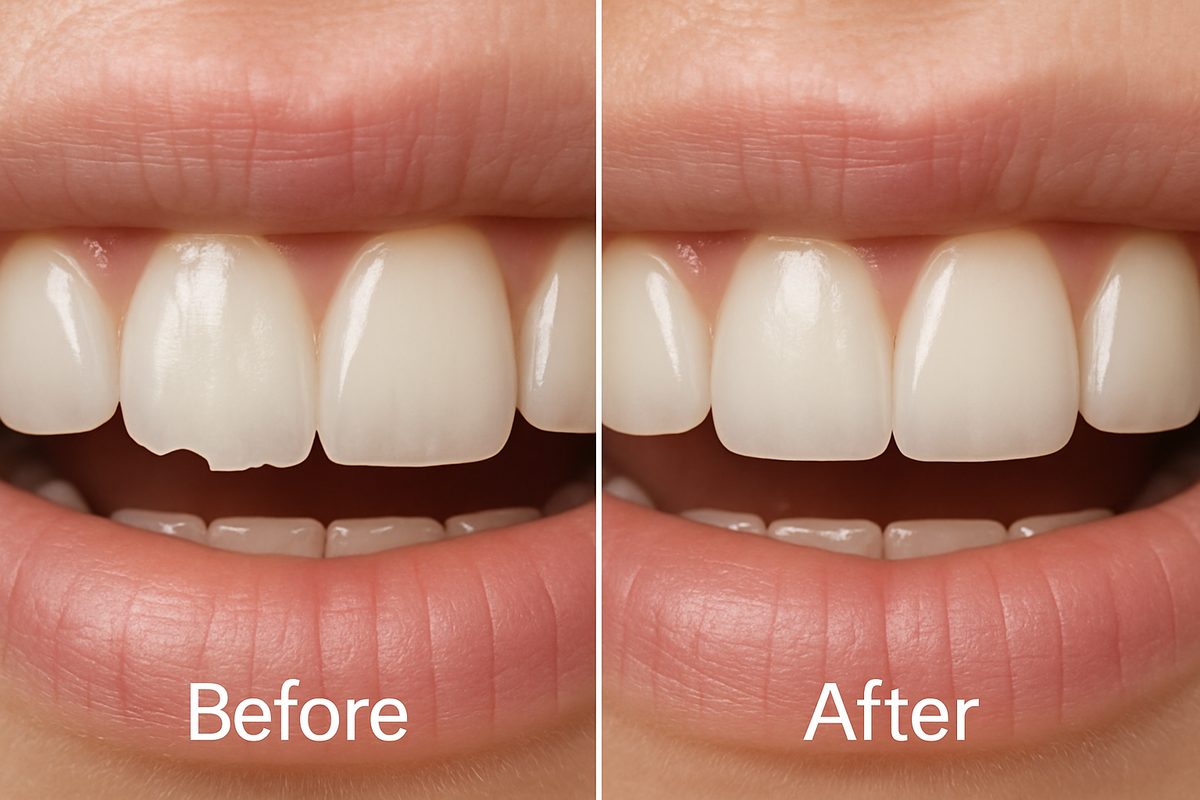 Before and after photo showcasing teeth reshaping. The before shows a tooth with a jagged, uneven edge. The after shows the same tooth, subtly reshaped with a smooth, even contour. No text on image.