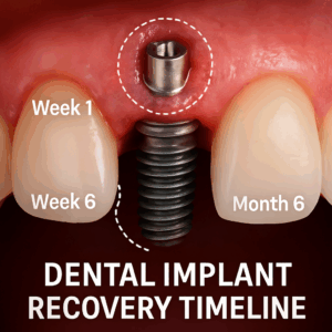 Close up image of a dental implant in a patient's mouth, with surrounding gum tissue healing. There are time stamps on the image circling the implant to represent "week 1", "week 6", and "month 6". There is text on the image that says "Dental Implant Recovery Timeline".