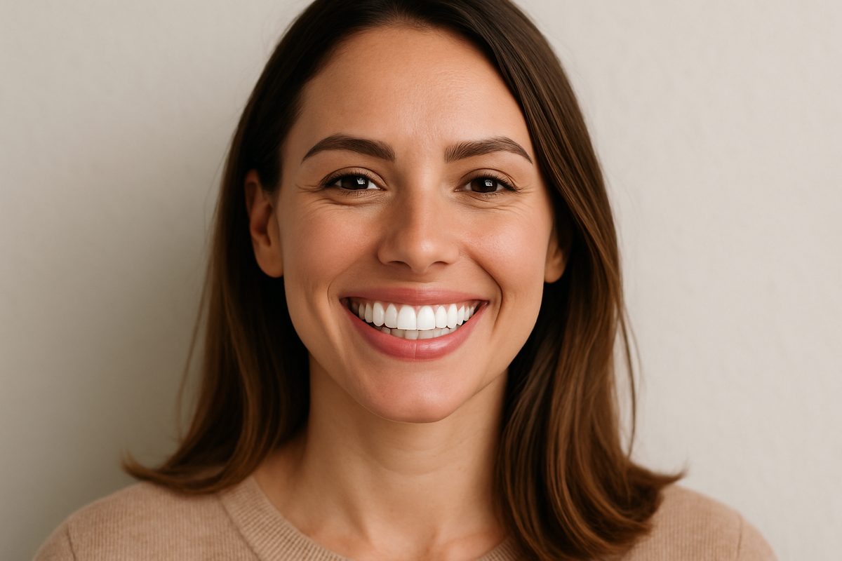 A woman is smiling confidently after receiving general cosmetic dentistry. Her teeth are perfectly aligned and brilliantly white, showcasing a natural and healthy appearance. No text on image.