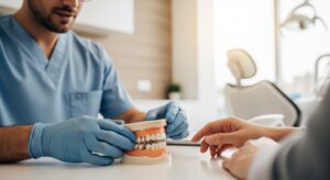 Professional dental clinic demonstrating denture implantation procedure