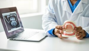 A close-up of a smiling person receiving a dental exam. Gloved hands hold dental tools as the patient reclines, highlighting oral health care—paralleling the precision found in a content review dashboard.